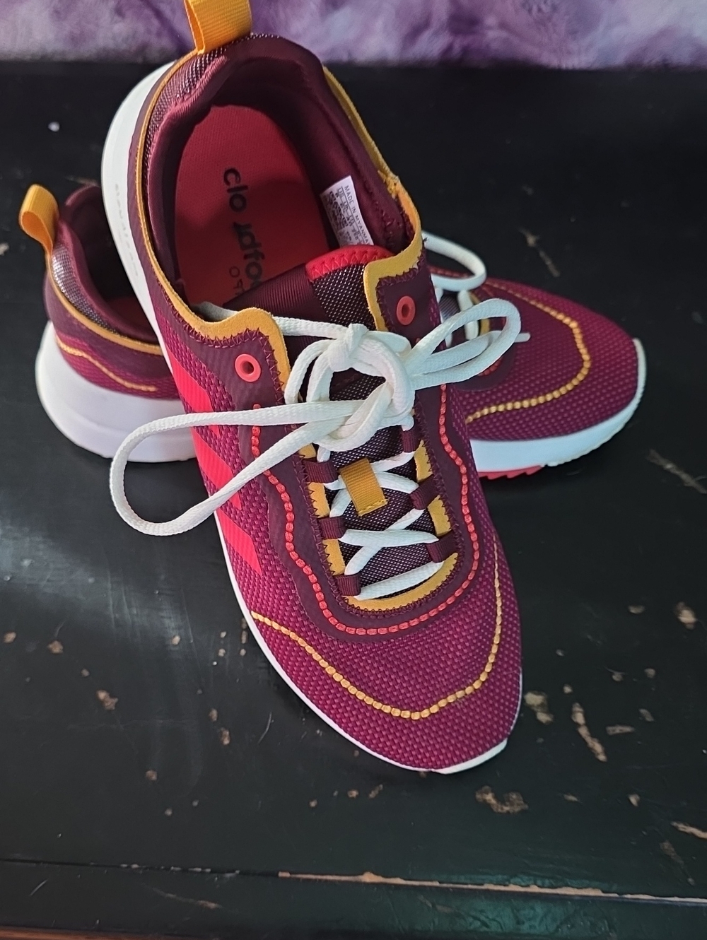 adidas Women's Burgundy and Yellow Running Sneakers with White Laces